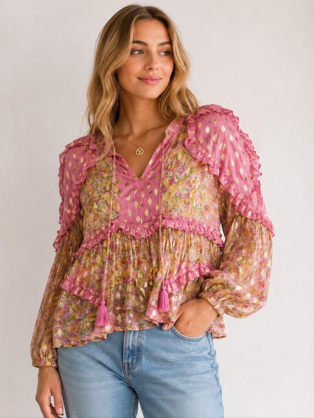 Miss June Paris One Size Pink Floral Metallic Ruffle Boho Blouse Top